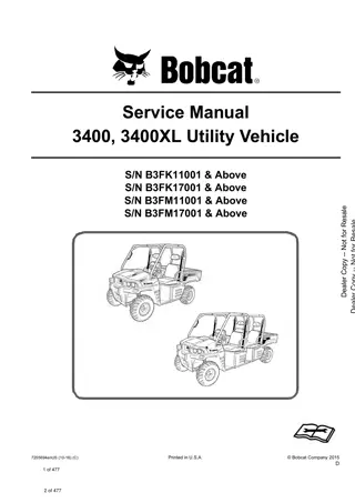 Bobcat 3400, 3400XL Utility Vehicle Service Repair Manual Instant Download (SN B3FK11001 and Above)