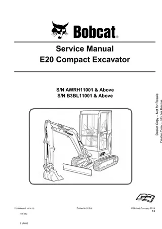 Bobcat E20 Compact Excavator Service Repair Manual Instant Download (SN AWRH11001 and Above)