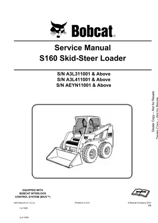 Bobcat S160 Skid Steer Loader Service Repair Manual Instant Download (SN A3L311001 and Above, SN A3L411001 and Above, SN AEYN11001 and Above)