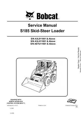 Bobcat S185 Skid Steer Loader Service Repair Manual Instant Download (SN A3L911001 and Above, SN A3LH11001 and Above, SN AEYU11001 and Above)