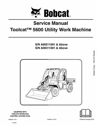 Bobcat Toolcat 5600 Utility Work Machine Service Repair Manual Instant Download (SN A00211001 AND Above; SN A00311001 AND Above)