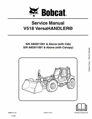 Bobcat V518 VersaHANDLER Telescopic Forklift Service Repair Manual Instant Download (SN A8G811001 And Above; A8G911001 And Above)