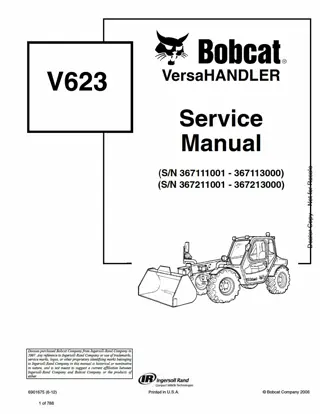 Bobcat V623 VersaHANDLER Telescopic Forklift Service Repair Manual Instant Download (SN 367111001 – 367113000; 367211001 - 367213000)