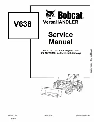 Bobcat V638 VersaHANDLER Telescopic Forklift Service Repair Manual Instant Download (SN A2ZV11001 AND Above; A2ZW11001 AND Above)