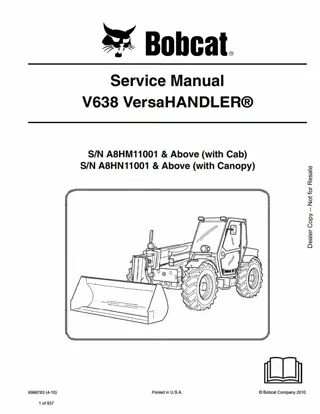 Bobcat V638 VersaHANDLER Telescopic Forklift Service Repair Manual Instant Download (SN A8HM11001 AND Above; A8HN11001 AND Above)