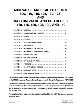 CASE IH MAXXUM Value and PRO Series 110, 115, 120, 125, 130 and 140 Tractor Service Repair Manual Instant Download