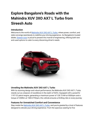 Explore Bangalore's Roads with the Mahindra XUV 3XO AX7 L Turbo from Sireesh Auto