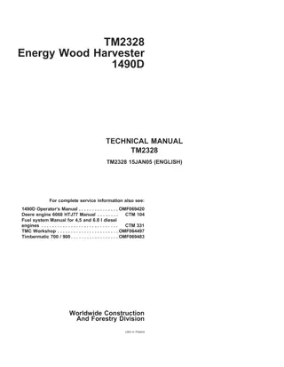 John Deere 1490D Energy Wood Harvester Service Repair Manual Instant Download (tm2328)