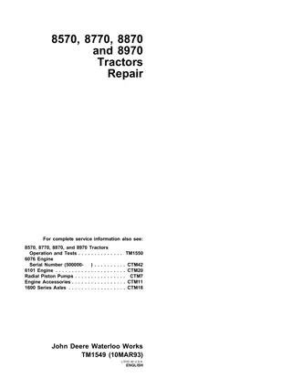 John Deere 8870 Tractor Service Repair Manual Instant Download (tm1549   tm1550)