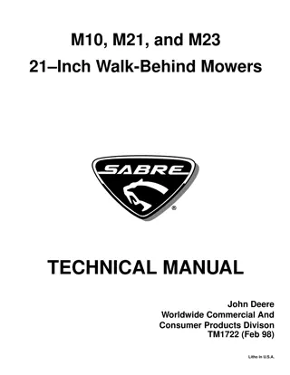 John Deere Sabre M10 21-Inch Walk-Behind Mower Service Repair Manual Instant Download (TM1722)