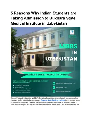 5 Reasons Why Indian Students are Taking Admission to Bukhara State Medical Institute in Uzbekistan
