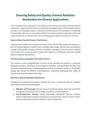 Ensuring Safety and Quality- Gamma Radiation Sterilization for Diverse Applications