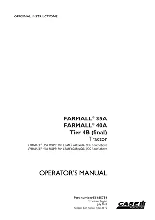 Case IH Farmall 35A Farmall 40A Tier4B (final) Tractor Operator’s Manual Instant Download (Publication No.51485754)