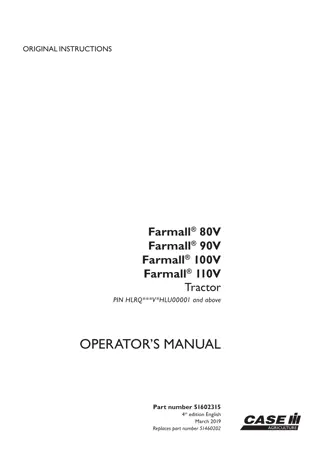 Case IH Farmall 80V Farmall 90V Farmall 100V Farmall 110V Tractor (Pin.HLRQVHLU00001 and above) Operator’s Manual Instant Download (Publication No.51602315)