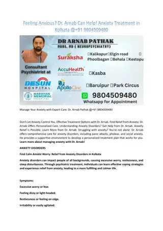 Manage Your Anxiety with Expert Care Dr. Arnab Pathak @ 91 9804509480