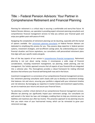 Federal Pension Advisors: Your Partner in Comprehensive Retirement and Financial