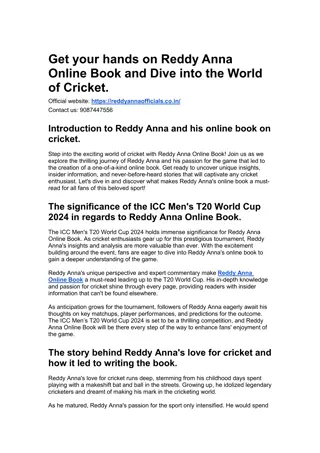 Get your hands on Reddy Anna Online Book and Dive into the World of Cricket.