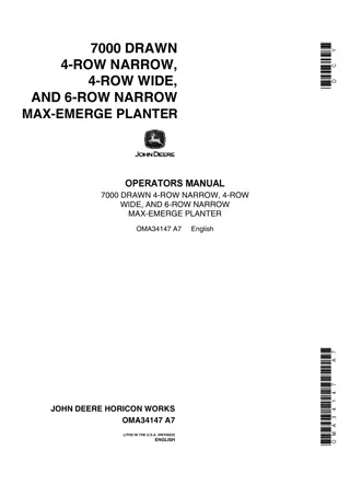 John Deere 7000 Drawn 4-Row Narrow 4-Row Wide and 6-Row Narrow Max-Emerge Planter Operator’s Manual Instant Download (Publication No.OMA34147)