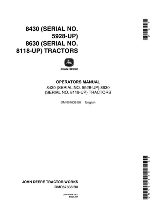 John Deere 8430 Tractors Operator’s Manual Instant Download (Pin.84305928-up) (Publication No.OMR67838)