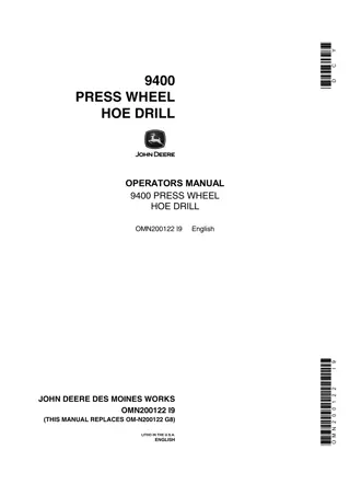 John Deere 9400 Press Wheel Hoe Drill Operator’s Manual Instant Download (Publication No.OMN200122)