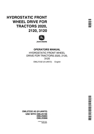 John Deere Hydrostatic Front Wheel Drive for 2020 2120 3120 Tractors Operator’s Manual Instant Download (Publication No.OML27232)