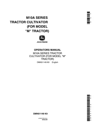 John Deere M10A Series Tractor Cultivator for Model M Tractor Operator’s Manual Instant Download (Publication No.OMN51149)