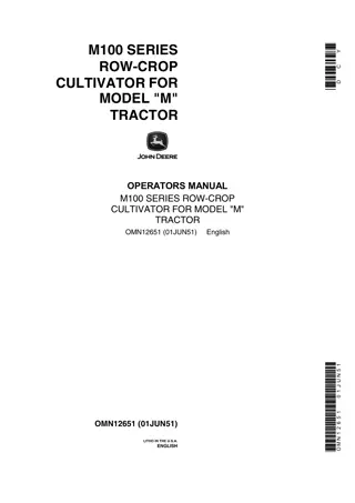 John Deere M100 Series Row-Crop Cultivator for Model M Tractor Operator’s Manual Instant Download (Publication No.OMN12651)