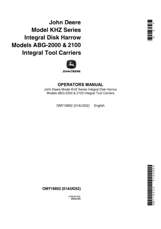 John Deere Model KHZ Series Integral Disk Harrow Models ABG-2000 & 2100 Integral Tool Carriers Operator’s Manual Instant Download (Publication No.OMY18852)