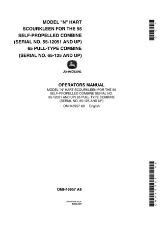 John Deere Model N Hart Scourkleen for the 55 Self-Propelled Combine and 65 Pull-Type Combine Operator’s Manual Instant Download (Publication No.OMH46957)