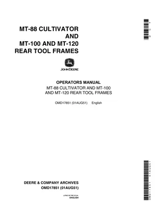 John Deere MT-88 Cultivator and MT-100 and MT-120 Rear Tool Frames Operator’s Manual Instant Download (Publication No.OMD17851)