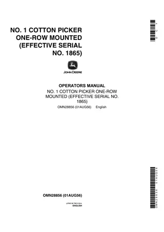 John Deere NO.1 Cotton Picker One-Row Mounted Operator’s Manual Instant Download (Effective Serial No.1865) (Publication No.OMN28856)