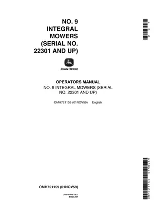 John Deere NO.9 Integral Mowers Operator’s Manual Instant Download (Pin.22301 and up) (Publication No.OMH721159)