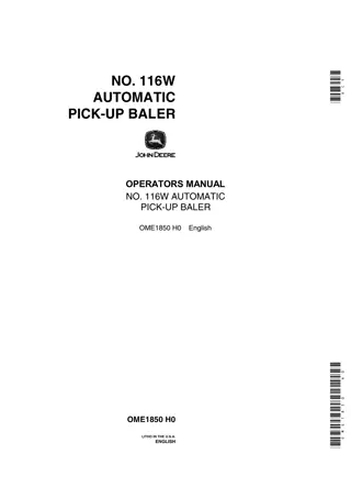 John Deere NO.116W Automatic Pick-Up Baler Operator’s Manual Instant Download (Publication No.OME1850)