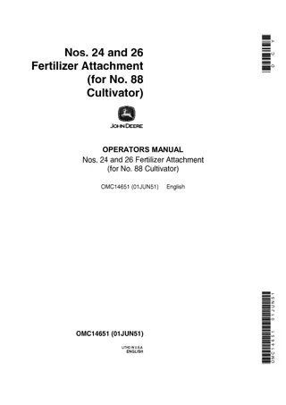John Deere NOS.24 and 26 Fertilizer Attachment (for No.88 Cultivator) Operator’s Manual Instant Download (Publication No.OMC14651)