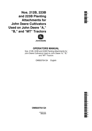 John Deere Nos.212B 223B and 223B Planting Attachments for Cultivators Used on A B and MT Tractors Operator’s Manual Instant Download (Publication No.OMB20754)