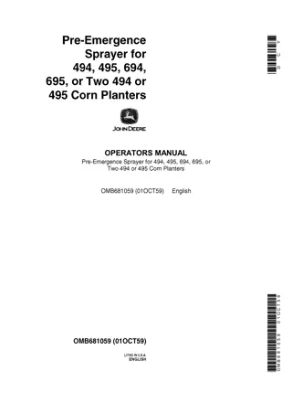 John Deere Pre-Emergence Sprayer for 494 495 694 695 or Two 494 or 495 Corn Planters Operator’s Manual Instant Download (Publication No.OMB681059)