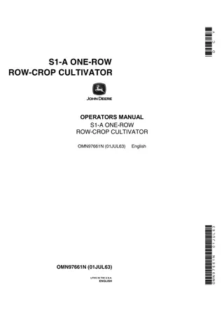 John Deere S1-A One-Row Row-Crop Cultivator Operator’s Manual Instant Download (Publication No.OMN97661N)