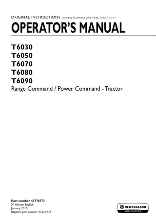 New Holland T6030 T6050 T6070 T6080 T6090 Range Command Power Command Tractor Operator’s Manual Instant Download (Publication No.47770773)