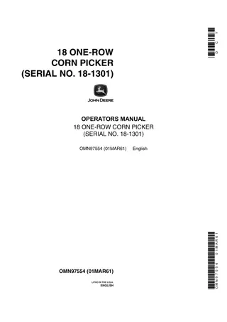 John Deere 18 One-Row Corn Picker Operator’s Manual Instant Download (Pin.18-1301) (Publication No.OMN97554)