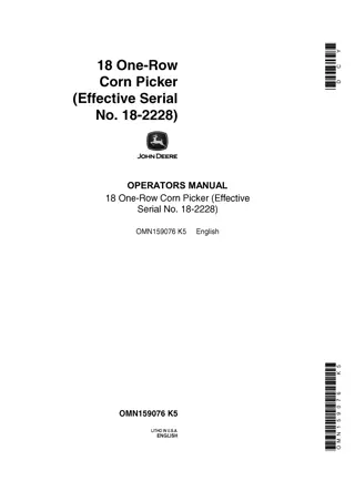 John Deere 18 One-Row Corn Picker Operator’s Manual Instant Download (PIN18-2228) (Publication No.OMN159076)