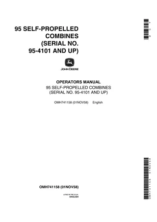 John Deere 95 Self-Propelled Combines Operator’s Manual Instant Download (PIN95-4101 and up) (Publication No.OMH741158)