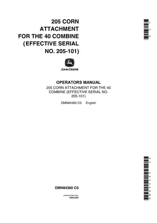 John Deere 205 Corn Attachment for the 40 Combine Operator’s Manual Instant Download (PIN205-101) (Publication No.OMN84360)