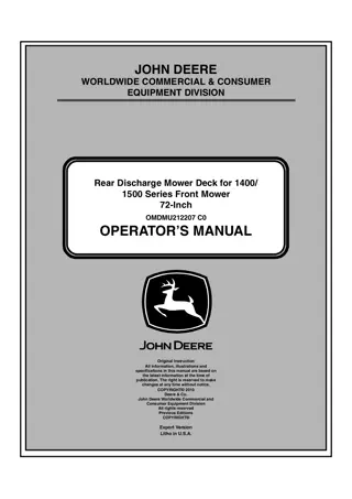 John Deere 72-Inch Rear Discharge Mower Deck for 14001500 Series Front Mower Operator’s Manual Instant Download (PIN215434-) (Publication No.OMDMU212207)