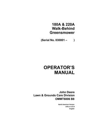 John Deere 180A Walk-Behind GreensMower Operator’s Manual Instant Download (PIN030001-) (Publication No.OMMT6006)