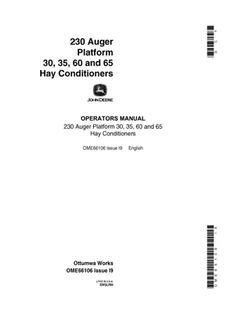 John Deere 230 Auger Platform 30 35 60 and 65 Hay Conditioners Operator’s Manual Instant Download (Publication No.OME66106)