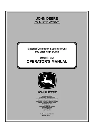 John Deere 600 Liter High Dump Material Collection System (MCS) Operator’s Manual Instant Download (PIN150001-) (Publication No.OMTCU31162)