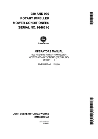 John Deere 920 Rotary Impeller Mower-Conditioners Operator’s Manual Instant Download (PIN986651-) (Publication No.OME86462)