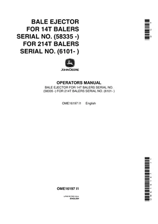 John Deere Bale Ejector for 14T Balers Serial no.(58335-) for 214T Balers Serial no.(6101-) Operator’s Manual Instant Download (Publication No.OME16197)