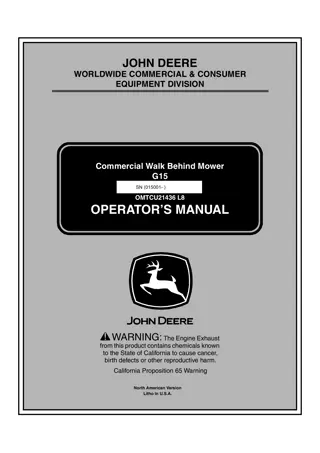 John Deere G15 Commercial Walk Behind Mower Operator’s Manual Instant Download (PIN015001- ) (Publication No.OMTCU21436)