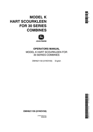 John Deere Model K Hart Scourkleen for 30 Series Combines Operator’s Manual Instant Download (Publication No.OMH621159)